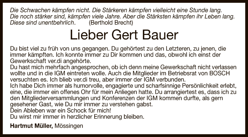  Traueranzeige für Gert Bauer vom 04.08.2021 aus Reutlinger General-Anzeiger
