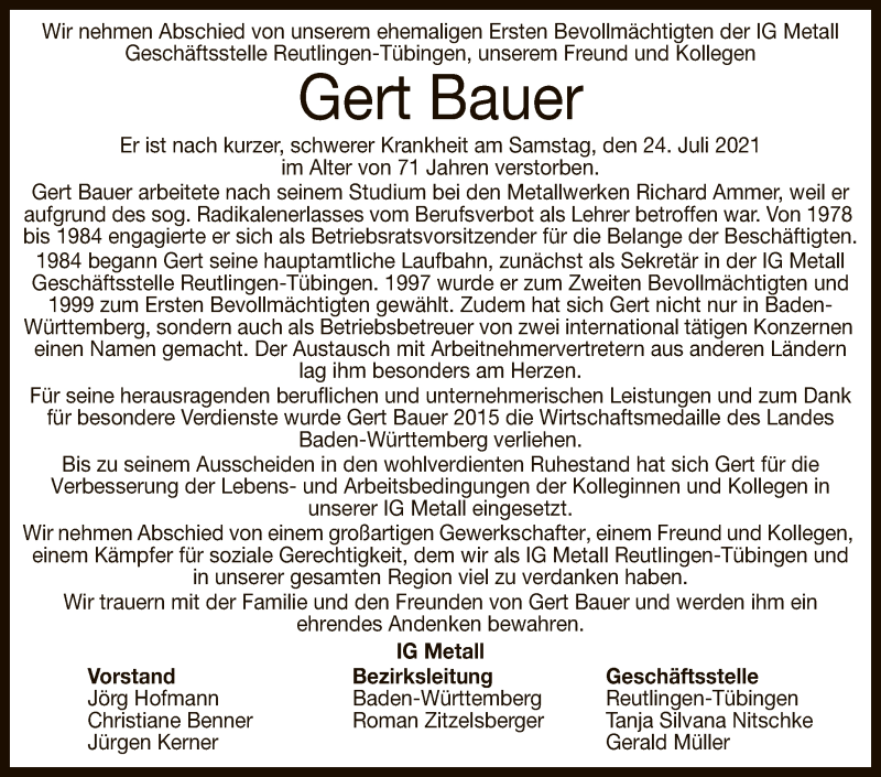  Traueranzeige für Gert Bauer vom 02.08.2021 aus Reutlinger General-Anzeiger