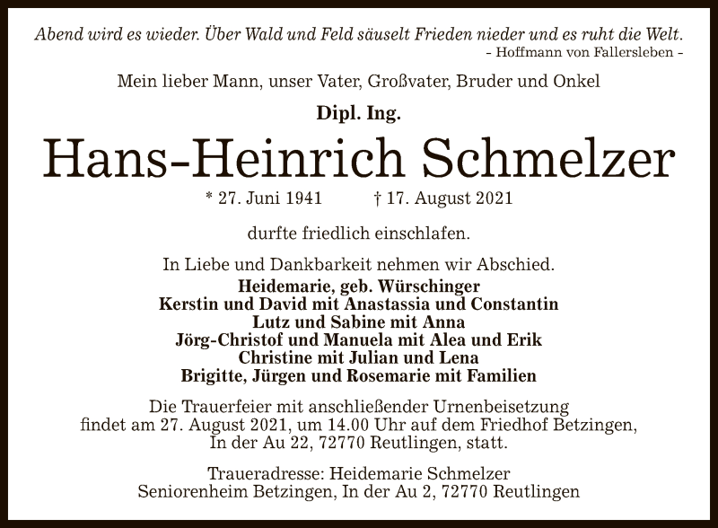  Traueranzeige für Hans-Heinrich Schmelzer vom 21.08.2021 aus Reutlinger General-Anzeiger