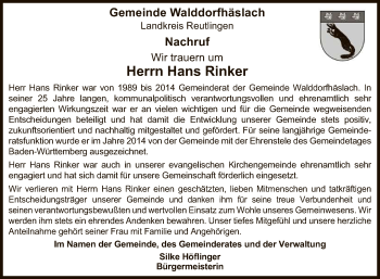 Anzeige von Hans Rinker von Reutlinger General-Anzeiger