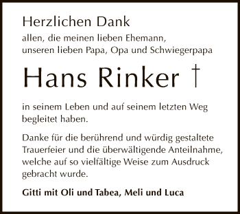 Anzeige von Hans Rinker von Reutlinger General-Anzeiger