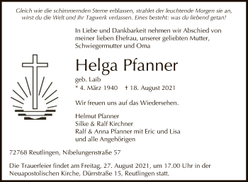 Anzeige von Helga Pfanner von Reutlinger General-Anzeiger