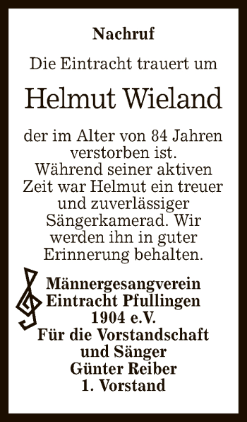Anzeige von Helmut Wieland von Reutlinger General-Anzeiger