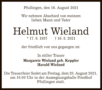 Anzeige von Helmut Wieland von Reutlinger General-Anzeiger