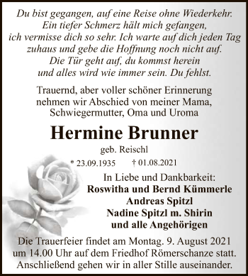 Anzeige von Hermine Brunner von Reutlinger General-Anzeiger