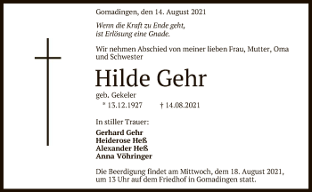 Anzeige von Hilde Gehr von Reutlinger General-Anzeiger