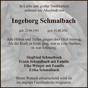 Anzeige von Ingeborg Schmalbach von Reutlinger General-Anzeiger