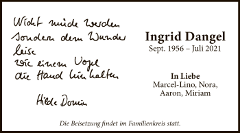 Anzeige von Ingrid Dangel von Reutlinger General-Anzeiger
