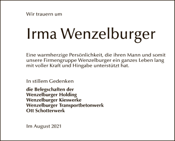 Anzeige von Irma Wenzelburger von Reutlinger General-Anzeiger