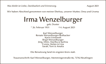 Anzeige von Irma Wenzelburger von Reutlinger General-Anzeiger