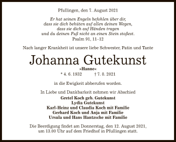 Anzeige von Johanna Gutekunst von Reutlinger General-Anzeiger