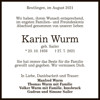 Anzeige von Karin Wurm von Reutlinger General-Anzeiger
