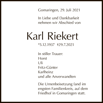 Anzeige von Karl Riekert von Reutlinger General-Anzeiger