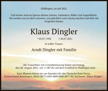 Anzeige von Klaus Dingler von Reutlinger General-Anzeiger