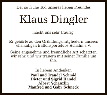 Anzeige von Klaus Dingler von Reutlinger General-Anzeiger