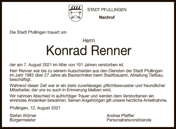 Anzeige von Konrad Renner von Reutlinger General-Anzeiger