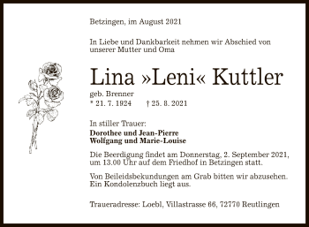 Anzeige von Lina Kuttler von Reutlinger General-Anzeiger