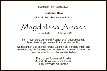 Anzeige von Magdalena Amann von Reutlinger General-Anzeiger