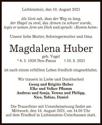 Anzeige von Magdalena Huber von Reutlinger General-Anzeiger