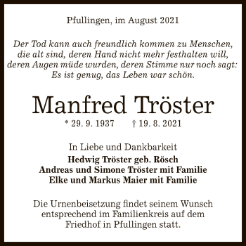 Anzeige von Manfred Tröster von Reutlinger General-Anzeiger