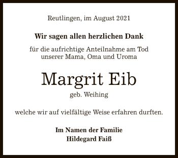 Anzeige von Margrit Eib von Reutlinger General-Anzeiger