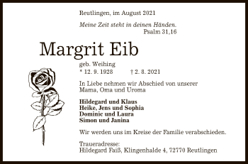 Anzeige von Margrit Eib von Reutlinger General-Anzeiger