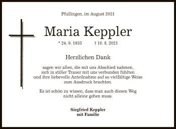 Anzeige von Maria Keppler von Reutlinger General-Anzeiger