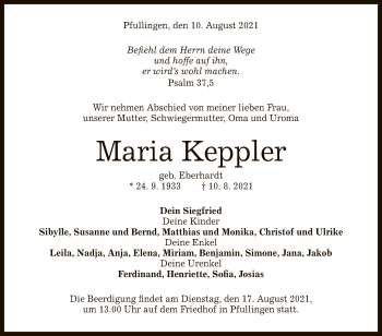 Anzeige von Maria Keppler von Reutlinger General-Anzeiger