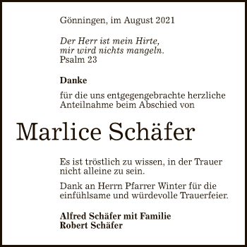 Anzeige von Marlice Schäfer von Reutlinger General-Anzeiger