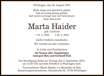 Anzeige von Marta Haider von Reutlinger General-Anzeiger