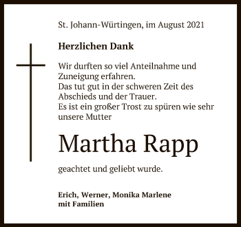 Anzeige von Martha Rapp von Reutlinger General-Anzeiger