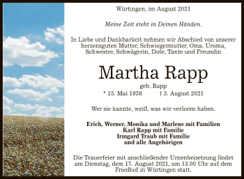 Anzeige von Martha Rapp von Reutlinger General-Anzeiger