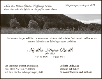 Anzeige von Martha Anna Barth von Reutlinger General-Anzeiger