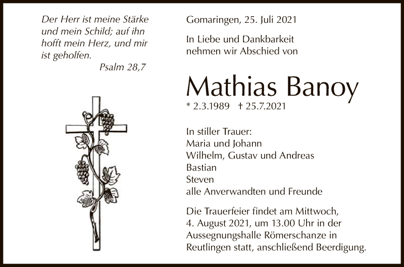  Traueranzeige für Mathias Banoy vom 02.08.2021 aus Reutlinger General-Anzeiger
