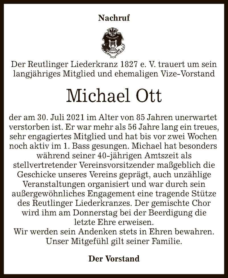  Traueranzeige für Michael Ott vom 03.08.2021 aus Reutlinger General-Anzeiger
