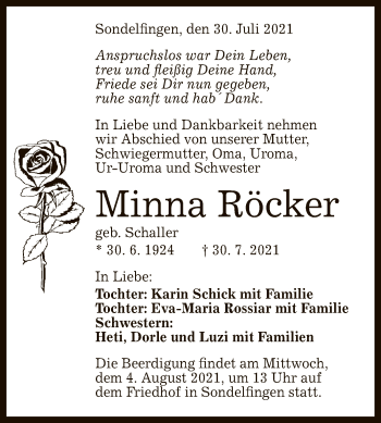 Anzeige von Minna Röcker von Reutlinger General-Anzeiger