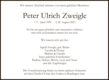 Anzeige von Peter Ulrich Zweigle von Reutlinger General-Anzeiger