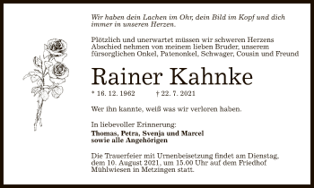 Anzeige von Rainer Kahnke von Reutlinger General-Anzeiger