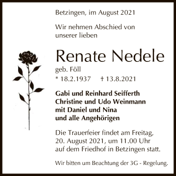 Anzeige von Renate Nedele von Reutlinger General-Anzeiger