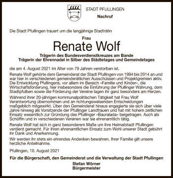 Anzeige von Renate Wolf von Reutlinger General-Anzeiger