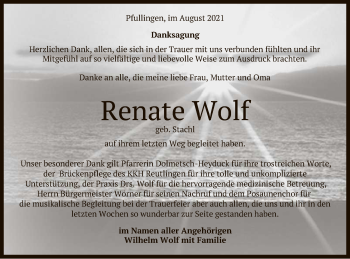 Anzeige von Renate Wolf von Reutlinger General-Anzeiger