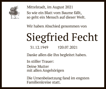 Anzeige von Siegfried Fecht von Reutlinger General-Anzeiger