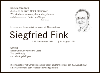 Anzeige von Siegfried Fink von Reutlinger General-Anzeiger