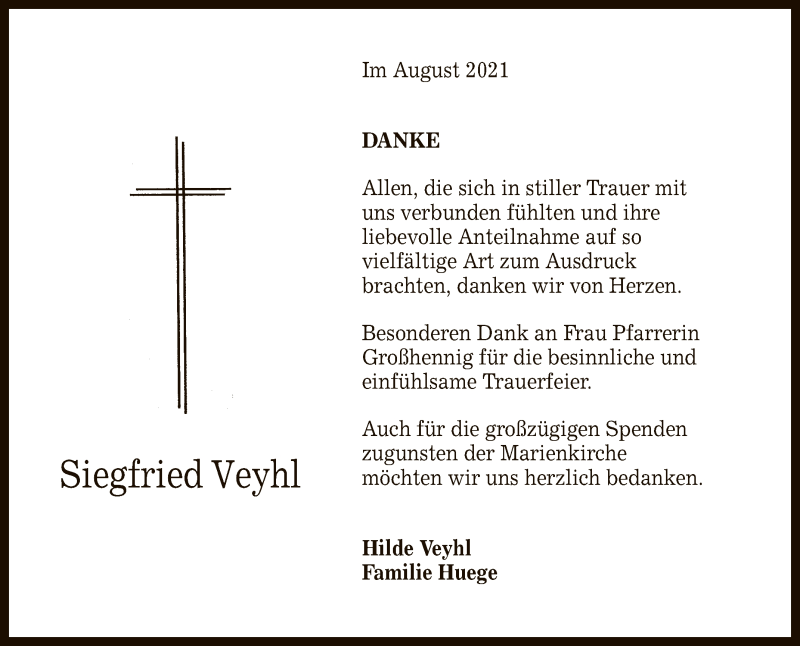  Traueranzeige für Siegfried Veyhl vom 11.08.2021 aus Reutlinger General-Anzeiger
