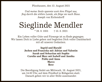 Anzeige von Sieglinde Mendler von Reutlinger General-Anzeiger