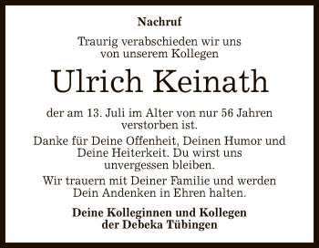 Anzeige von Ulrich Keinath von Reutlinger General-Anzeiger