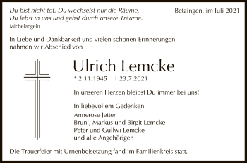Anzeige von Ulrich Lemcke von Reutlinger General-Anzeiger