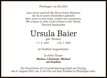 Anzeige von Ursula Baier von Reutlinger General-Anzeiger