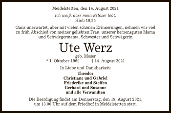 Anzeige von Ute Werz von Reutlinger General-Anzeiger