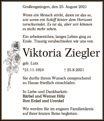 Anzeige von Viktoria Ziegler von Reutlinger General-Anzeiger